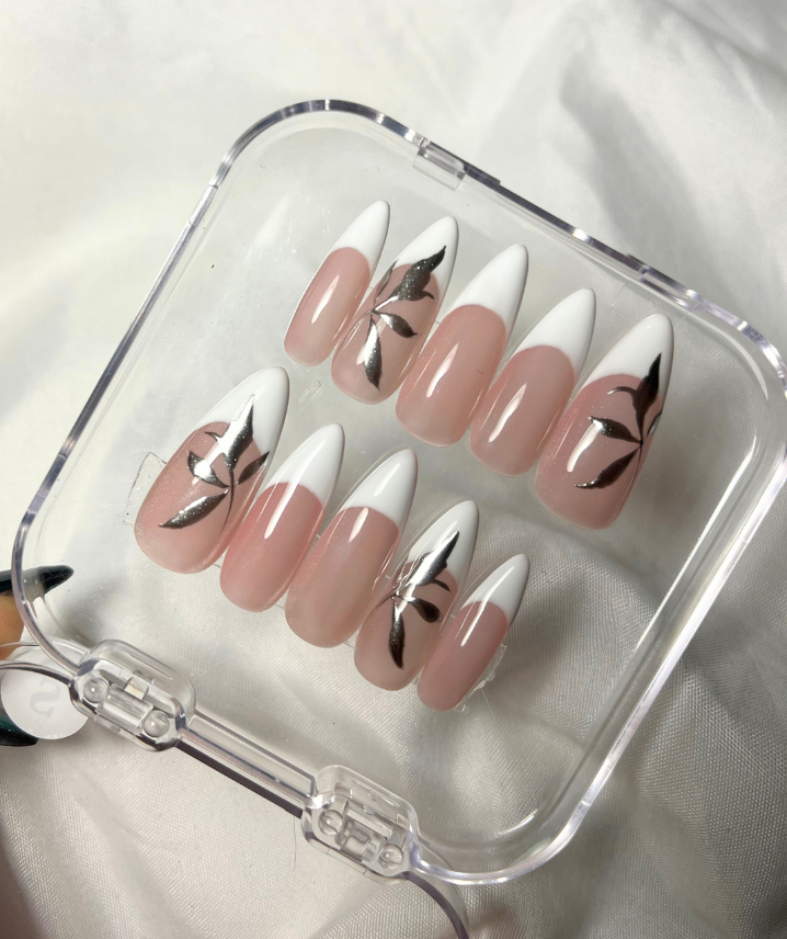 White French Tip Press-On Nails with Metallic Leaf Design - Valentines Nails - Wedding & Engagement Nails  -  Custom Size Set - PN251137