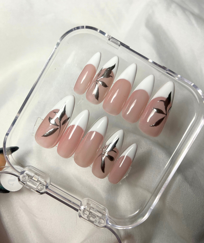 White French Tip Press-On Nails with Metallic Leaf Design - Valentines Nails - Wedding & Engagement Nails  -  Custom Size Set - PN251137