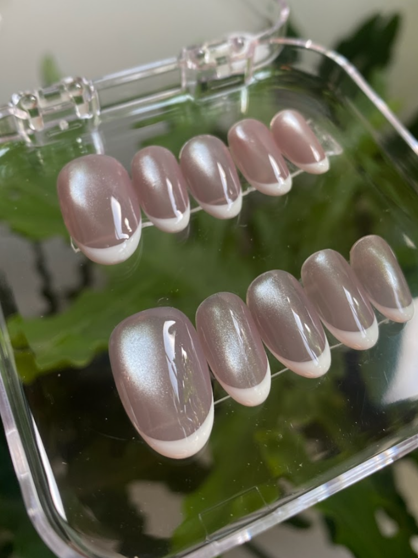 Pink Cat Eye French Tip Press On Nails - Shimmer Pink Gel Nails - Clean Girl Handmade Reusable Nail Set - Custom Size Set - NM233029