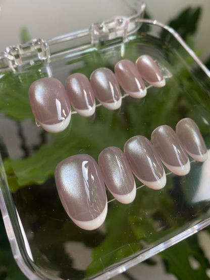 Pink Cat Eye French Tip Press On Nails - Shimmer Pink Gel Nails - Clean Girl Handmade Reusable Nail Set - Custom Size Set - NM233029