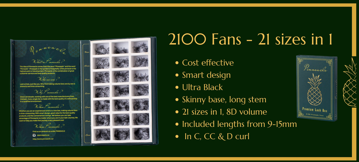 Volume 2100 Fans | 21 sizes in 1 | 8D volume | 7 lengths from 9-15mm |  3 curls : C, CC & D |