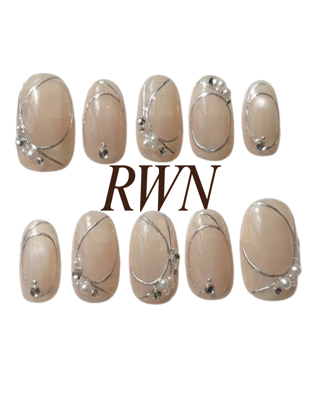 Nude Silver Line Press On Nails with Pearls - Luxury Brial Wedding Nude Nail - Minimalist Elegant Press Ons - Handmade Reusable Custom Size