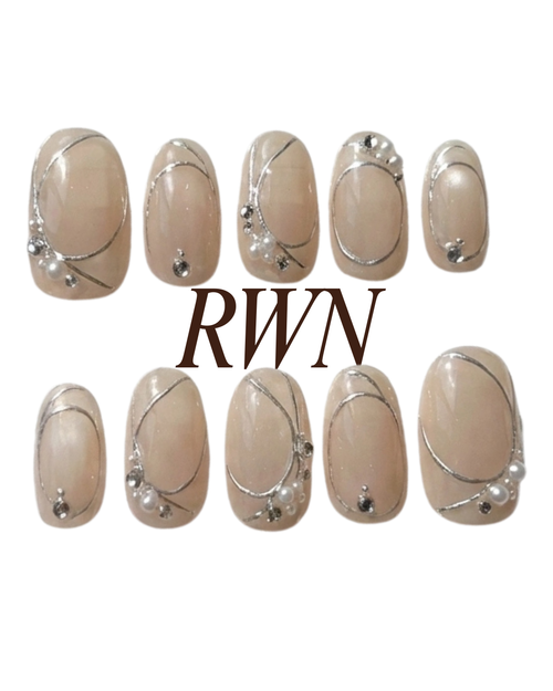 Nude Silver Line Press On Nails with Pearls - Luxury Brial Wedding Nude Nail - Minimalist Elegant Press Ons - Handmade Reusable Custom Size