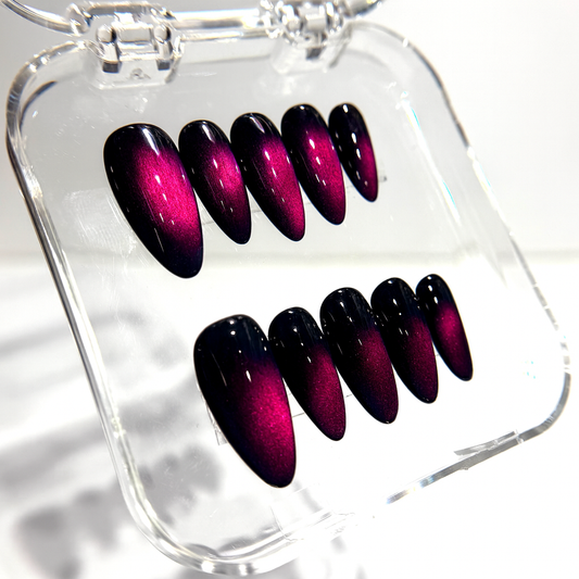 Deep Pink Magenta Cat Eye Press On Nails - Black Ombre Nails - Luxury Old Money Look - Fall Luxury - Handmade Magnetic Nail Set - Custom Size Set - PN251141