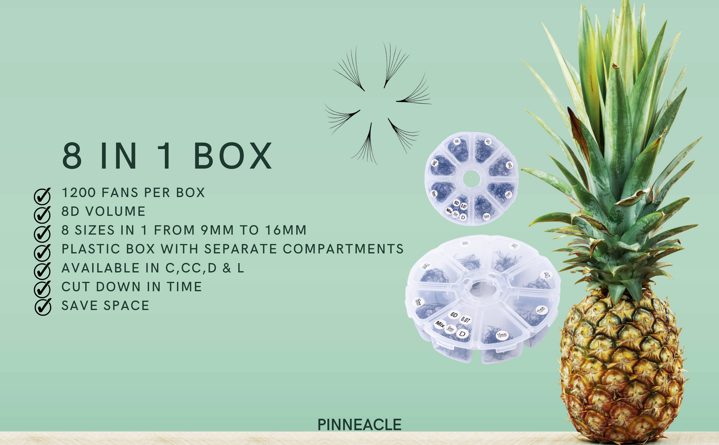 12D Volume | 1200 Premade Volume Fans - 8 sizes in 1 box | Lengths : 9-16mm | Round Box