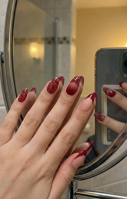 Wine Red Lace Press On Nails - Sexy Lingerie Art - Deep Burgundy French Tip - Romantic Valentine Date Night - Custom Size Set - PN251232