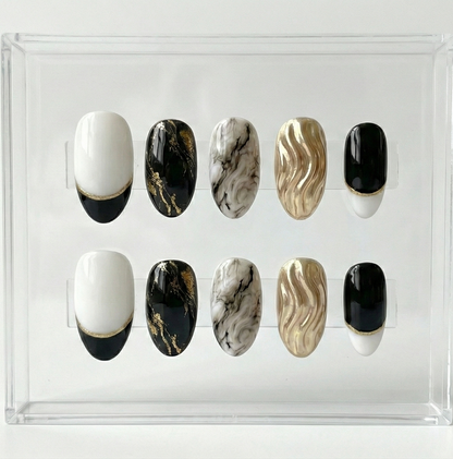 Black and White Marble Press On Nails - 3D Gold Chrome Liquid Metal - Abstract Foil Art - Modern Color Block - Custom Size Set - PN251220