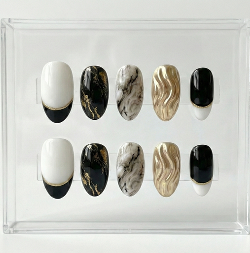 Black and White Marble Press On Nails - 3D Gold Chrome Liquid Metal - Abstract Foil Art - Modern Color Block - Custom Size Set - PN251220