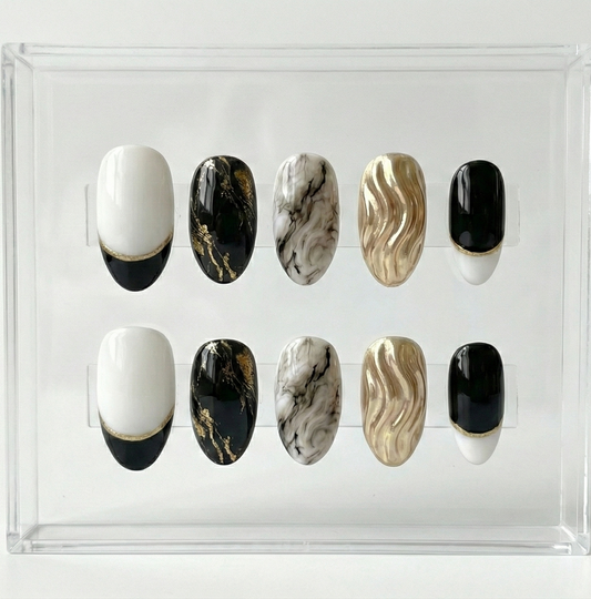 Black and White Marble Press On Nails - 3D Gold Chrome Liquid Metal - Abstract Foil Art - Modern Color Block - Custom Size Set - PN251220