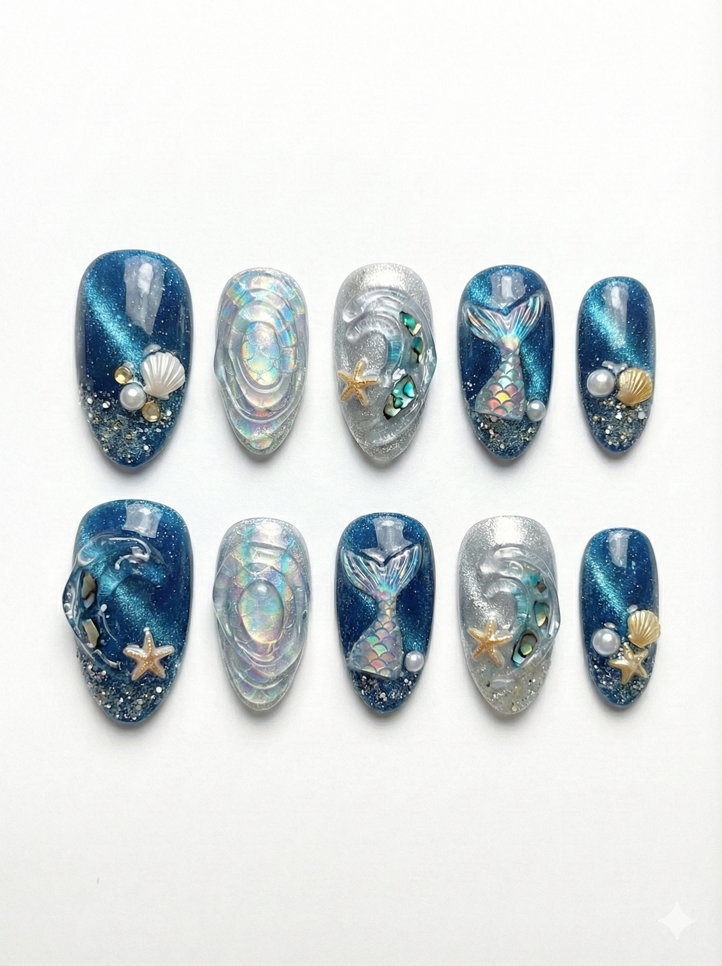 Mermaid Tail Press On Nails - Deep Blue Cat Eye Ocean - 3D Shell & Starfish Charm - Luxury Siren Summer Gel - Custom Size Set - PN2511670