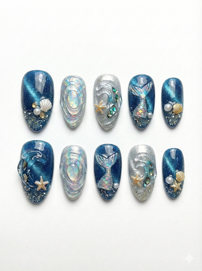 Mermaid Tail Press On Nails - Deep Blue Cat Eye Ocean - 3D Shell & Starfish Charm - Luxury Siren Summer Gel - Custom Size Set - PN2511670