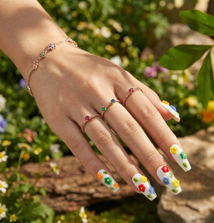 3D Fuzzy Flower Press On Nails - Flocked Velvet Texture - Colorful Spring Garden Art - Custom Size Set - PN251168