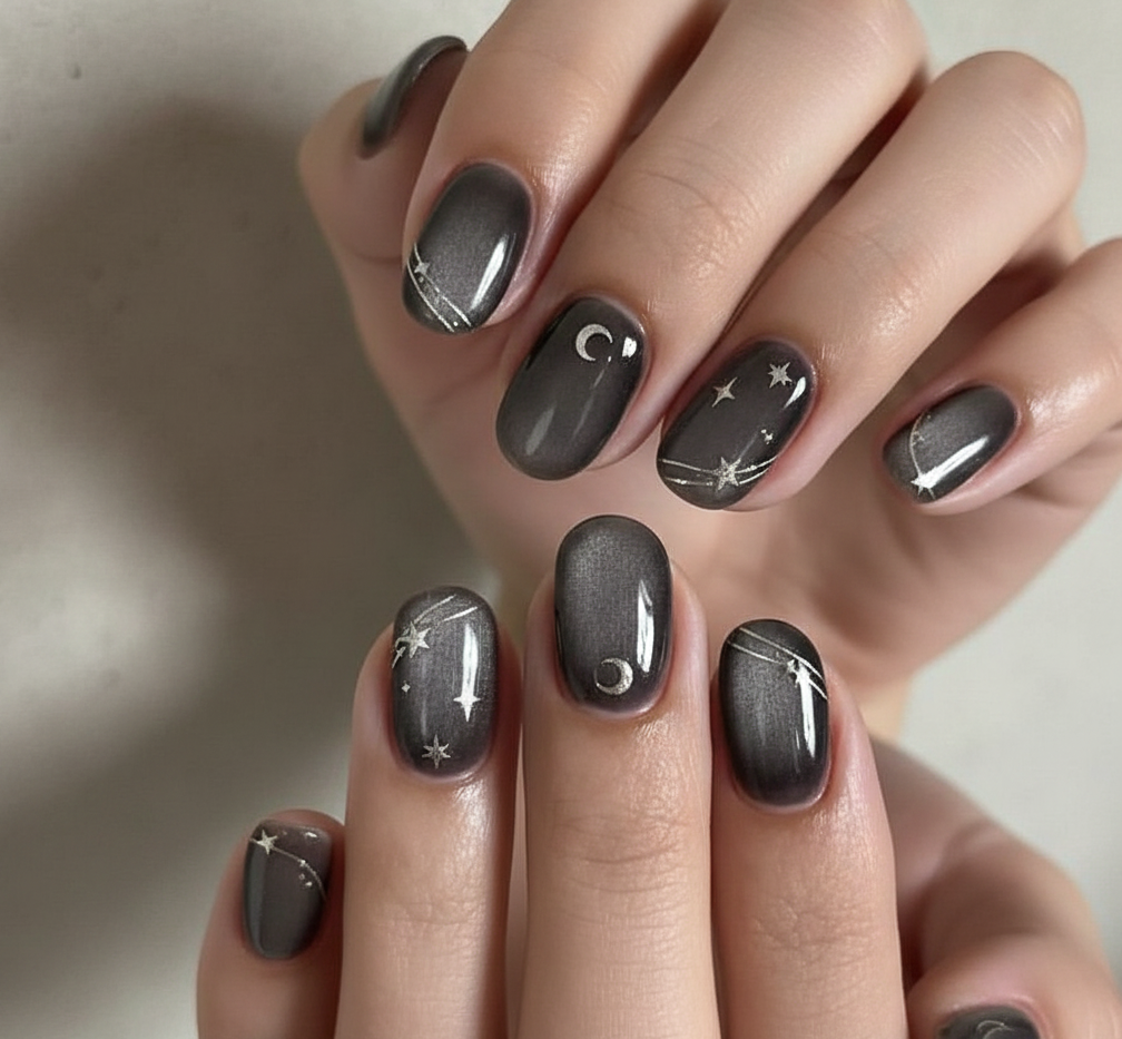 Celestial Moon & Star Press On Nails - Dark Grey Cat Eye - Silver Chrome Galaxy Art  Midnight Magnetic Gel - Custom Size Set - PN251119y)