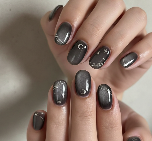 Celestial Moon & Star Press On Nails - Dark Grey Cat Eye - Silver Chrome Galaxy Art  Midnight Magnetic Gel - Custom Size Set - PN251119y)