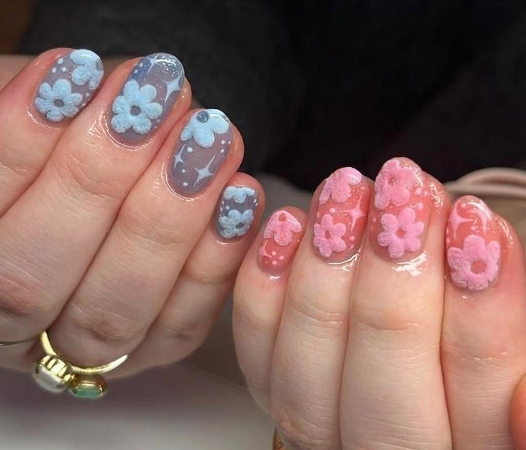 Mix Match Fuzzy Flower Press On Nails - Pink & Blue Mismatched - 3D Flocked Velvet - Coquette Soft Girl - Custom Size Set - PN251173