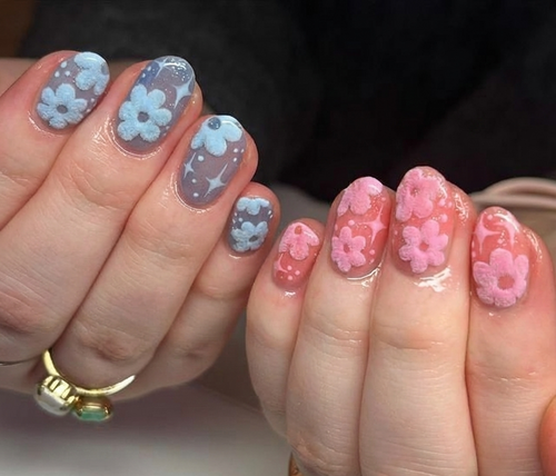 Mix Match Fuzzy Flower Press On Nails - Pink & Blue Mismatched - 3D Flocked Velvet - Coquette Soft Girl - Custom Size Set - PN251173