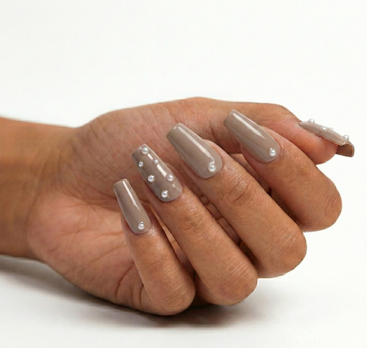 Mauve Taupe Pearl Press On Nails - Coquette 3D White Pearl - Korean Soft Girl Aesthetic - Bridal Wedding Gel - Custom Size Set - PN251166