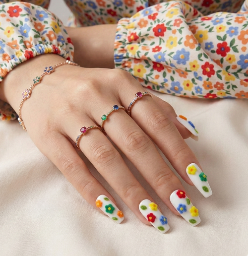 3D Fuzzy Flower Press On Nails - Flocked Velvet Texture - Colorful Spring Garden Art - Custom Size Set - PN251168