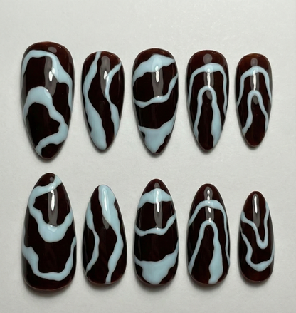 Chocolate Brown & Blue Swirl Press On Nails - Abstract Wavy Line Art - Retro 70s Y2K Aesthetic - Custom Size Set - PN251202