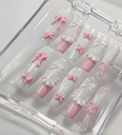 Coquette Pink Bow Press On Nails - 3D White Ruffle Lace - Lolita Ribbon Pearl - Kawaii Soft Girl Gel - Custom Size Set - PN251204