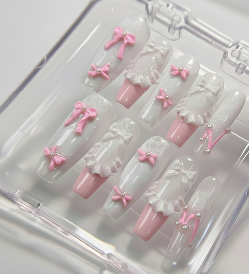 Coquette Pink Bow Press On Nails - 3D White Ruffle Lace - Lolita Ribbon Pearl - Kawaii Soft Girl Gel - Custom Size Set - PN251204