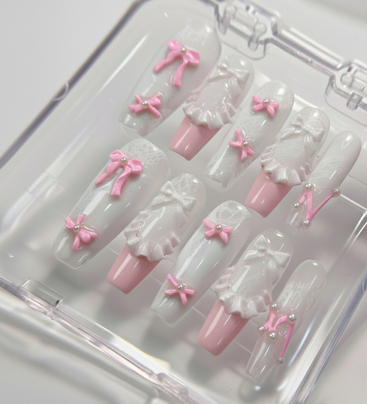 Coquette Pink Bow Press On Nails - 3D White Ruffle Lace - Lolita Ribbon Pearl - Kawaii Soft Girl Gel - Custom Size Set - PN251204