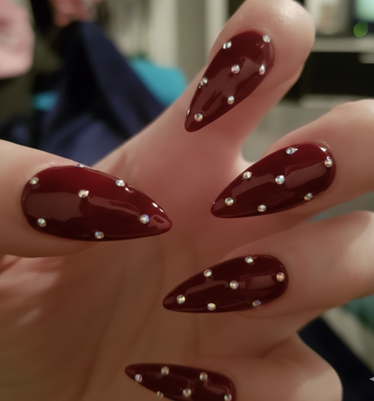 Deep Wine Red Rhinestone Press On Nails - Scattered Crystal Gem - Dark Burgundy Polka Dot - Luxury Baddie Gel - Custom Size Set - PN251219