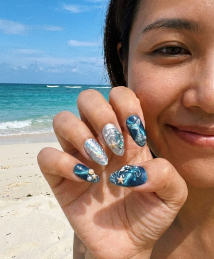 Mermaid Tail Press On Nails - Deep Blue Cat Eye Ocean - 3D Shell & Starfish Charm - Luxury Siren Summer Gel - Custom Size Set - PN2511670