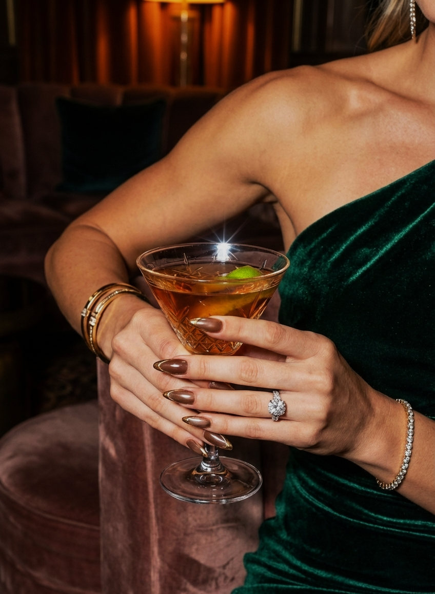 Brown Jelly Press On Nails - Gold Chrome French Tip - Mocha Latte Glazed - Old Money Luxury Bridal Party - Custom Size Set - PN251175