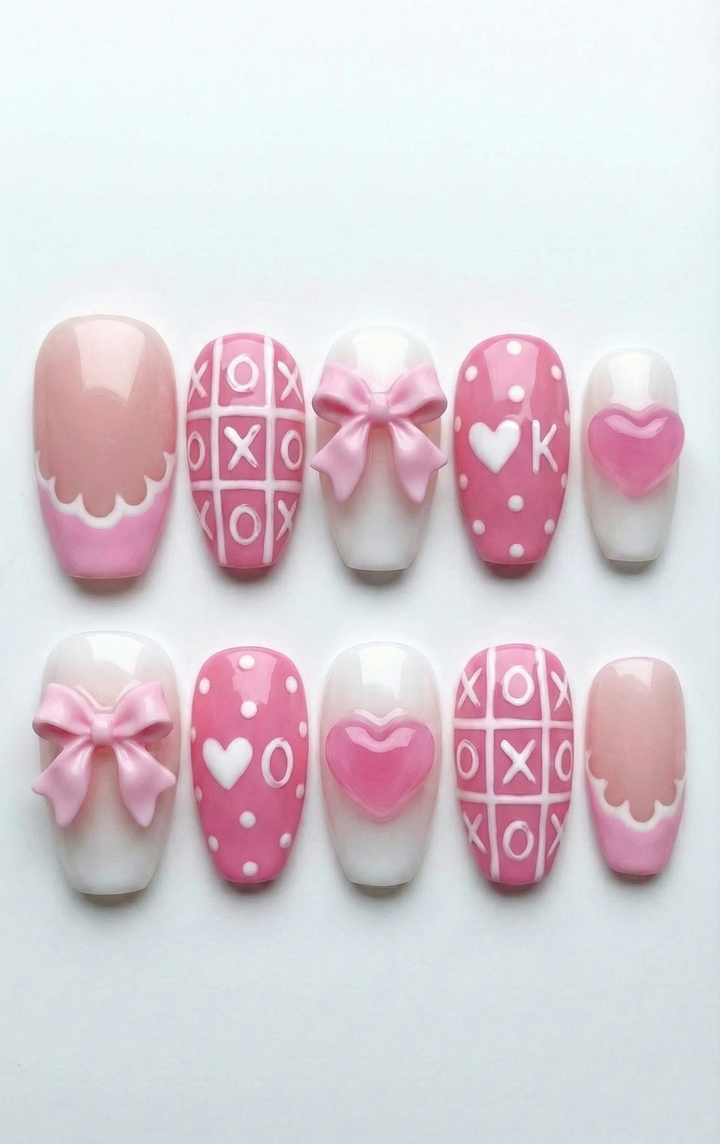 Pink Coffin Nails, 3D Bow Charm, XOXO Tic Tac Toe, Heart Gem, Scallop French, Cute Valentine, Kawaii Press On, Custom Size - PN251267
