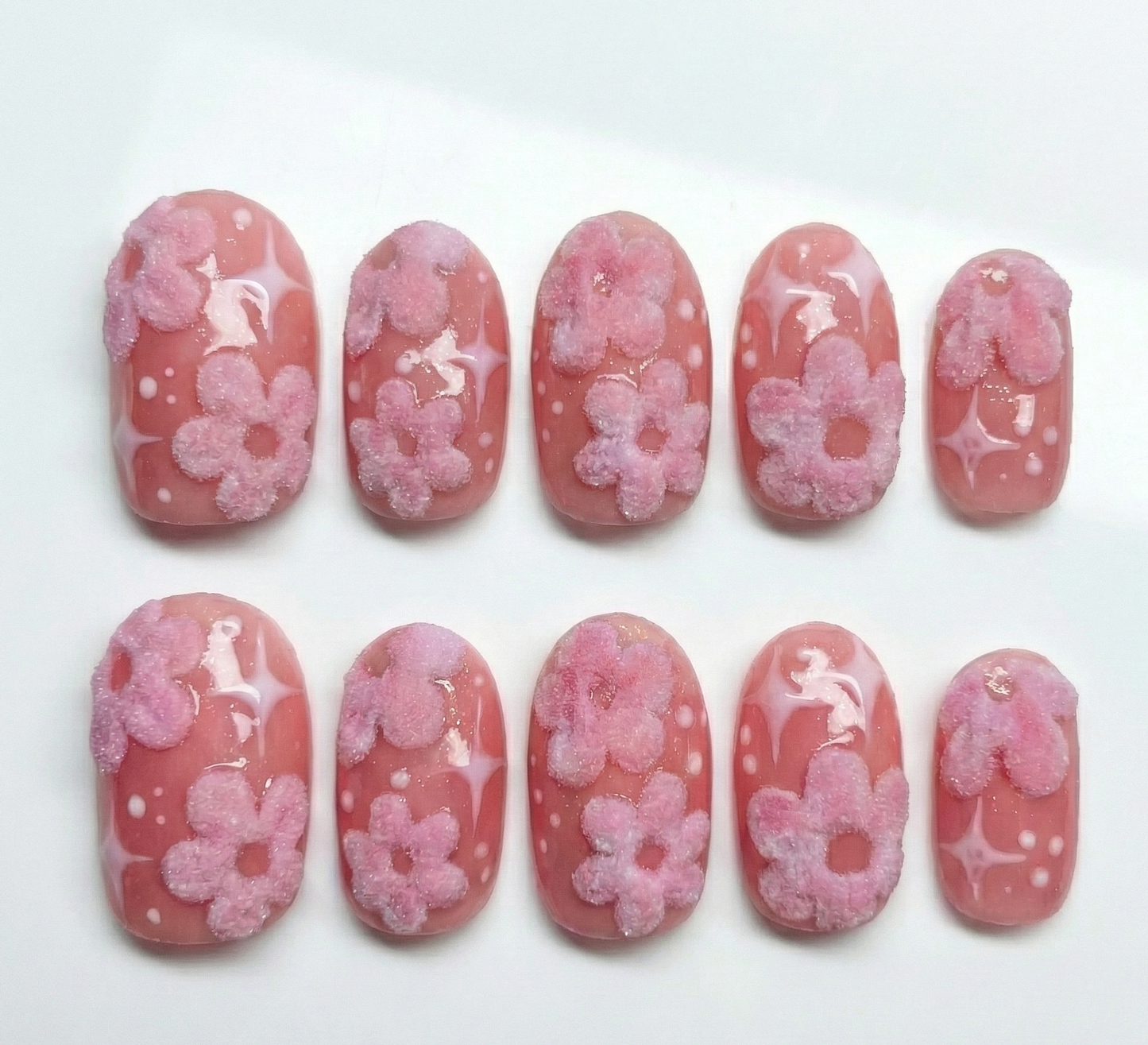 3D Fuzzy Pink Flower Press On Nails - Flocked Velvet Texture - Coral Jelly Star Art - Coquette Soft Girl Spring- Custom Size Set - PN251171