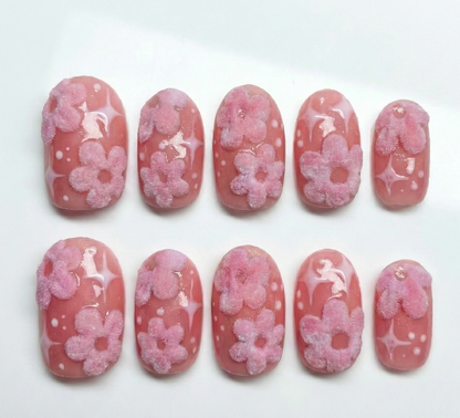 3D Fuzzy Pink Flower Press On Nails - Flocked Velvet Texture - Coral Jelly Star Art - Coquette Soft Girl Spring- Custom Size Set - PN251171