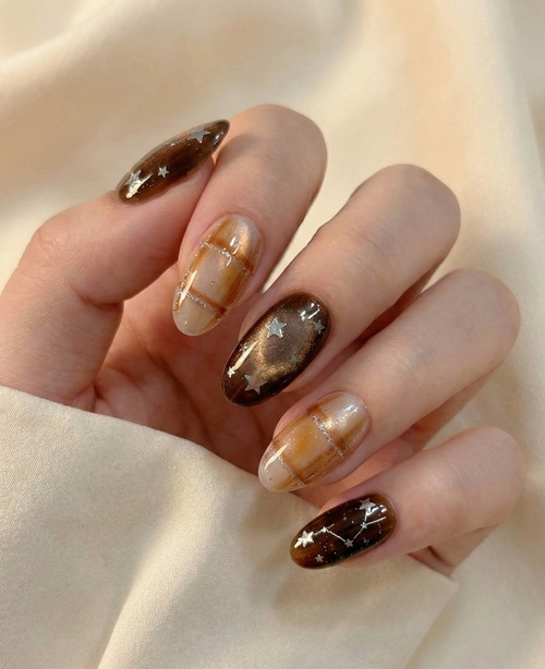 Brown Plaid & Celestial Star Press On Nails - Constellation Galaxy Art - Tartan Checkered - Cozy Fall Winter - Custom Size Set - PN251167