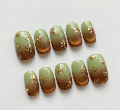 Matcha Green Ombre Press On Nails - Bronze Cat Eye Velvet - Gold Flower Charm - Tea Party Fall Gel - Custom Size Set - PN251186