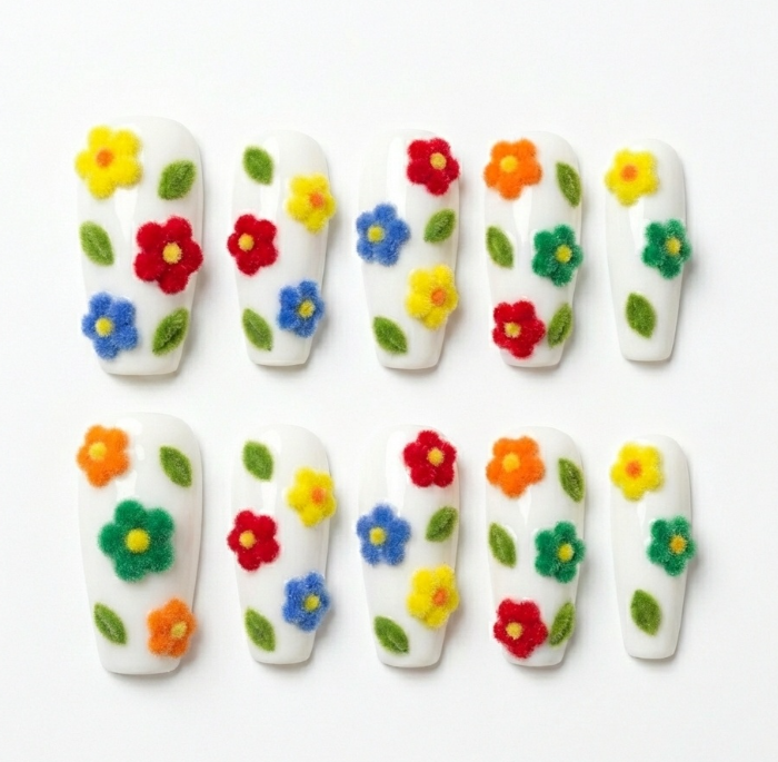 3D Fuzzy Flower Press On Nails - Flocked Velvet Texture - Colorful Spring Garden Art - Custom Size Set - PN251168