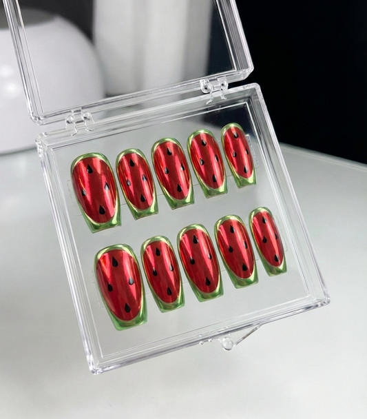 Watermelon Chrome Press On Nails - Red & Green Metallic Fruit Art - Summer Vacation Beach - Y2K Cyber French Tip - Custom Size Set - PN251224
