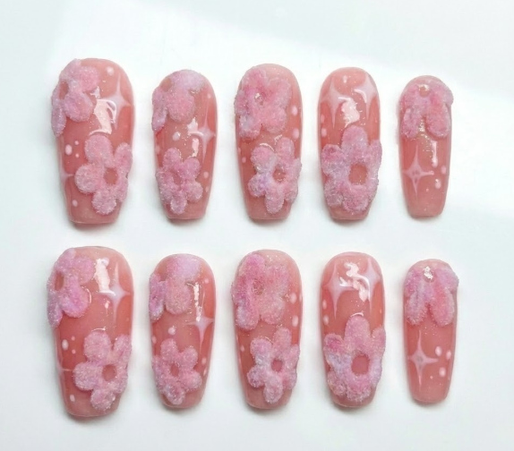 3D Fuzzy Pink Flower Press On Nails - Flocked Velvet Texture - Coral Jelly Star Art - Coquette Soft Girl Spring- Custom Size Set - PN251171