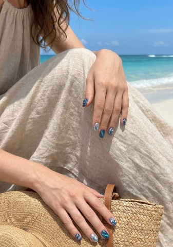 Ocean Wave Press On Nails - Deep Blue Cat Eye Water Droplets - 3D Silver Sea Foam Art - Mermaid Siren Core Summer - Custom Size Set - PN251169