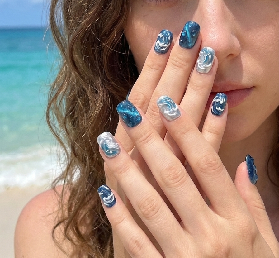 Ocean Wave Press On Nails - Deep Blue Cat Eye Water Droplets - 3D Silver Sea Foam Art - Mermaid Siren Core Summer - Custom Size Set - PN251169