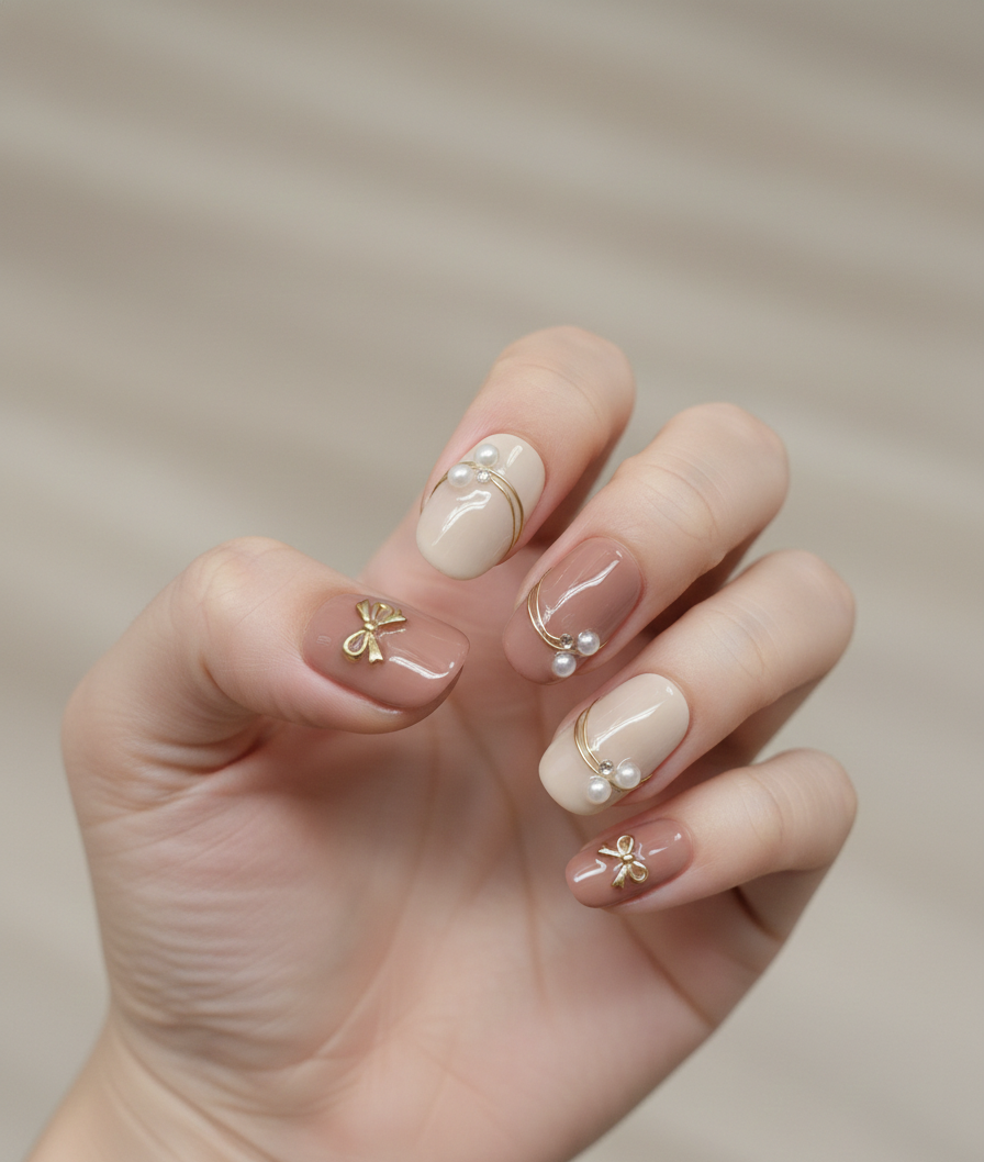 Nude and Mauve Bow Press On Nails, Pearl and Gold Wire Accent Nails, Coquette Aesthetic Nails, Short Round Elegant Fake Nails, Reusable Gift - PN251295