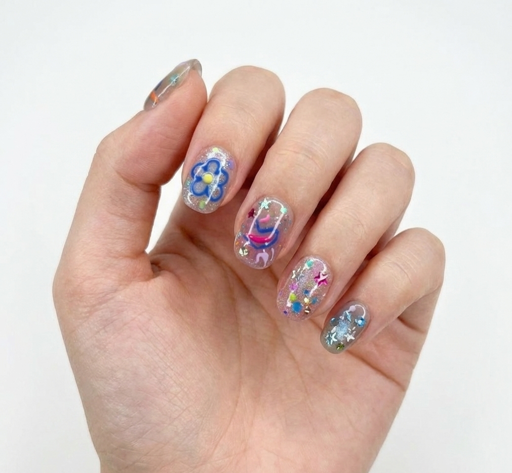 Y2K Glitter Confetti Press On Nails – Hand Painted Flower Doodle, Abstract Swirls - Harajuku Decora Funky Gel - Custom Size Set - PN251179