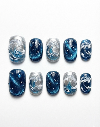 Ocean Wave Press On Nails - Deep Blue Cat Eye Water Droplets - 3D Silver Sea Foam Art - Mermaid Siren Core Summer - Custom Size Set - PN251169