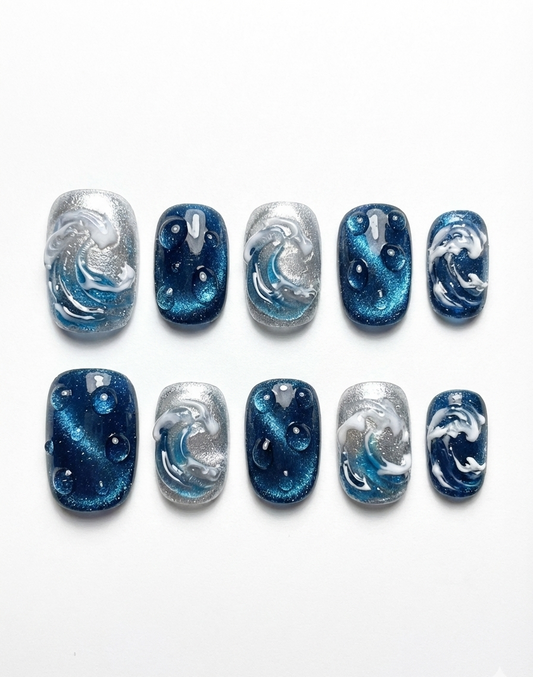 Ocean Wave Press On Nails - Deep Blue Cat Eye Water Droplets - 3D Silver Sea Foam Art - Mermaid Siren Core Summer - Custom Size Set - PN251169
