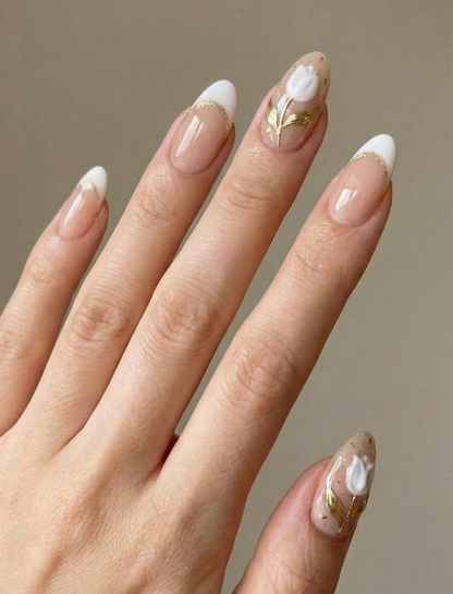 3D Tulip Press On Nails, Elegant White Flower Nails, Gold Leaf Detail Fake Nails, Nude French Tip Nails, Classy Luxury Reusable Glue Ons - PN251297