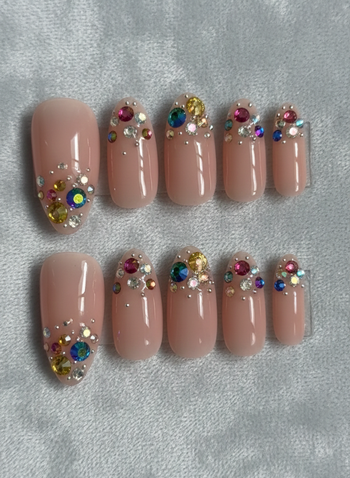 Nude Pink Rainbow Rhinestone Press On Nails - Bridal Wedding - Colorful Crystal Confetti - Y2K McBling Gem - Sparkly Festival - Custom Size Set - PN251226