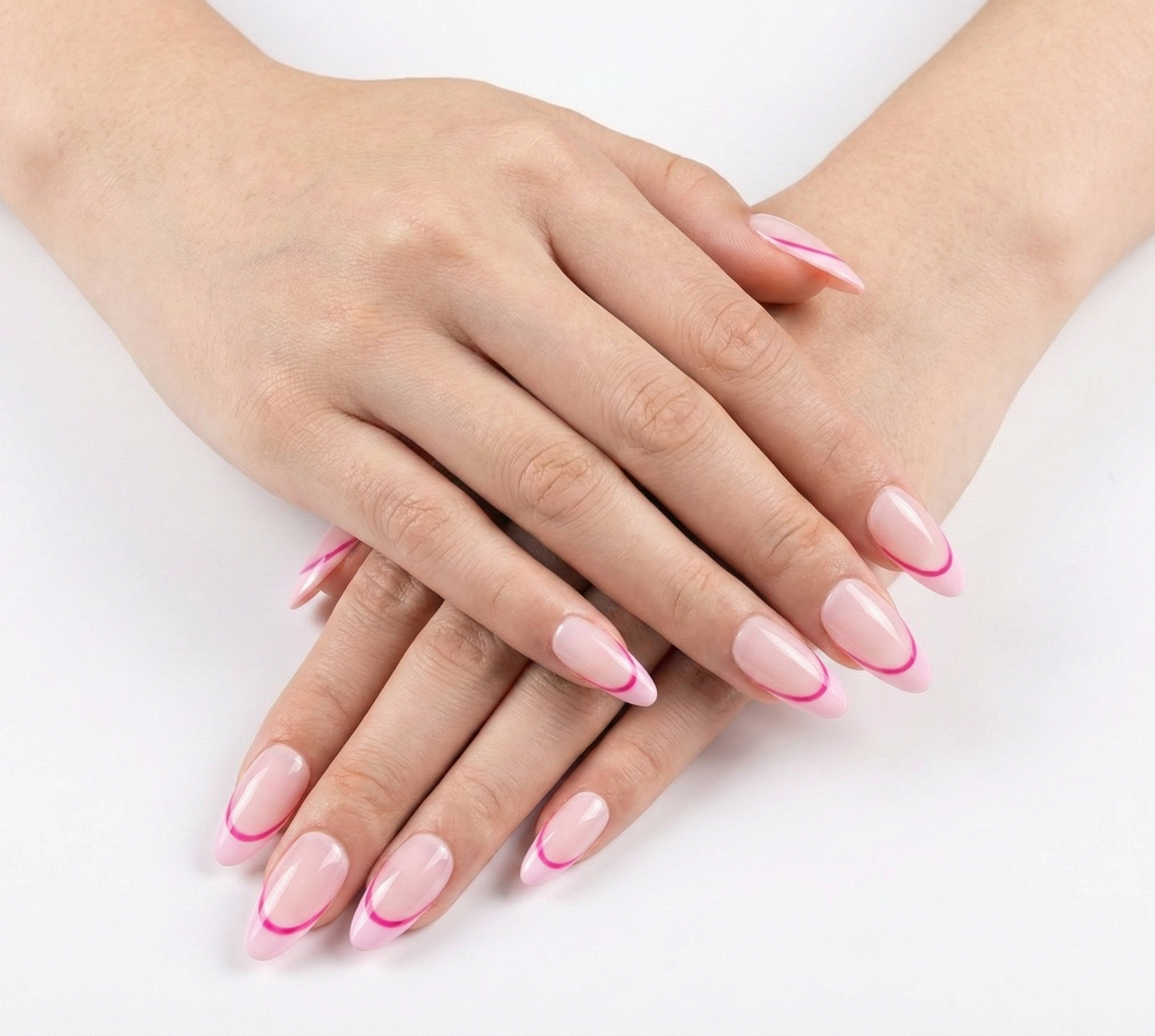 Pink Double French Tip Press On Nails, Hot Pink Outline Almond Nails, Reusable Glue On Nails, Pastel Pink Summer Manicure, Custom Fake Nails - PN251294
