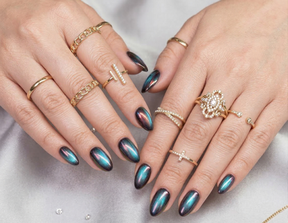 Chameleon Chrome Nails, Color Shift Press On, Dark Galaxy Nails,Teal Magenta Shimmer Almond Set, Multi Dimensional Luxury Nail, Gift For Her - PN251334