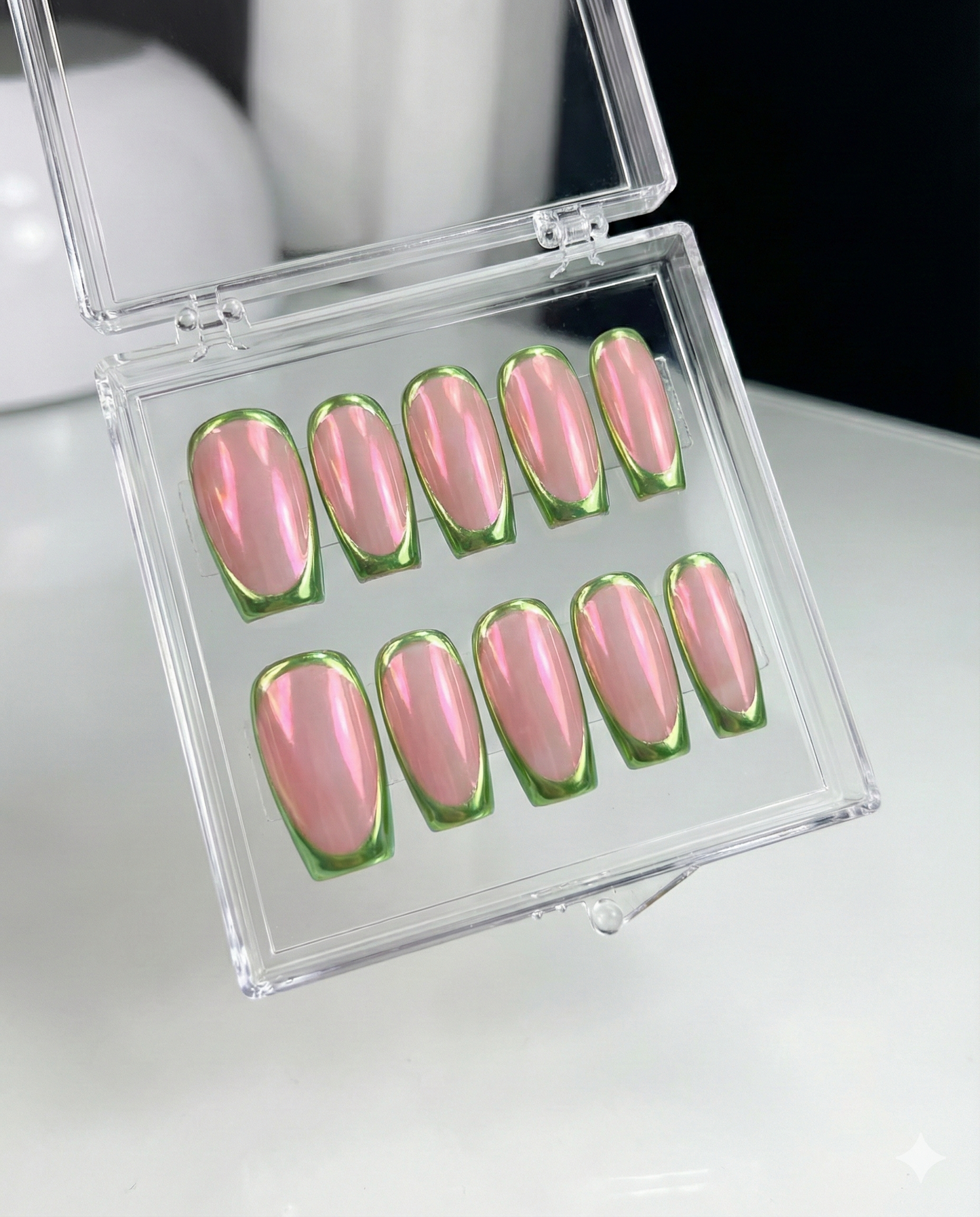 Pink Aurora Green Chrome French Tip Press On Nails - Iridescent Mermaid Pearl - Cyber Y2K Futuristic - Custom Size Set - PN251222