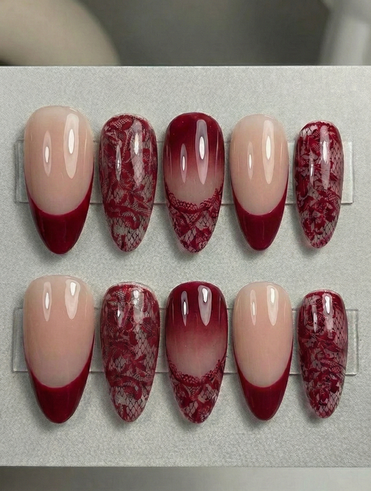 Wine Red Lace Press On Nails - Sexy Lingerie Art - Deep Burgundy French Tip - Romantic Valentine Date Night - Custom Size Set - PN251232