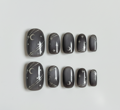 Celestial Moon & Star Press On Nails - Dark Grey Cat Eye - Silver Chrome Galaxy Art  Midnight Magnetic Gel - Custom Size Set - PN251119y)